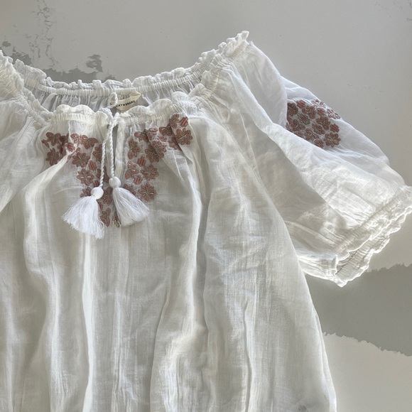 Lucky Brand Bohemian Off-Shoulder White Blouse with Pink Embroidery - Picture 3 of 10